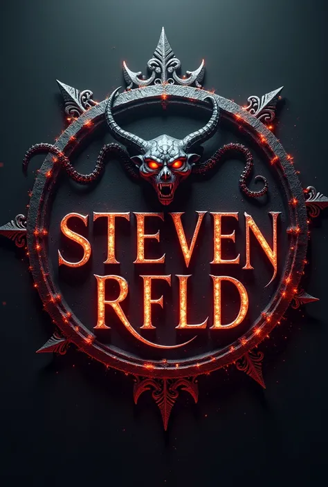 create a round inscription logo with shiny dark colors with magical effects and then title the text "STEVEN RFLD" with a unique font text that has horror elements and the title can be seen clearly. Inside there is a fierce scary guy and has poison on its t...