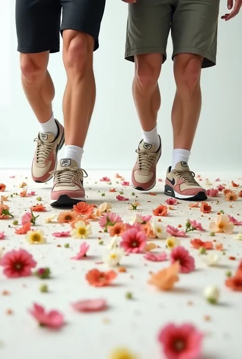 Deux jeunes hommes sportif, en Nike air 90 boueuses,  walk and stomp on crushed flowers on a white carpet. Feet on scattered flowers .