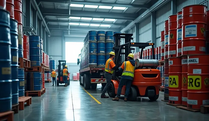 An industrial warehouse scene showcasing neatly stacked steel 55-gallon drums with hazardous material labels, alongside workers using machinery to load the drums onto a truck