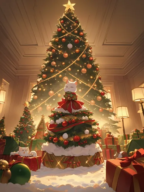 Large room with Christmas decorations ,  vibrant,  back view with cat sitting with lots of Christmas decorations: 1.3,  A beautiful Christmas cake in the middle,  christmas tree ,  soft lighting ,  Volume Light  ,  film grain, (masterpiece), ( top quality ...