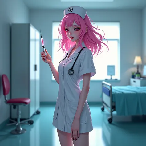  Draculas girl 。 is a nurse 。Pink hair。 has a syringe in the hospital room。 beauty。 everyone likes it 。The name of the hospital （myo）。