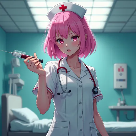  Draculas girl 。 is a nurse 。Pink hair。 has a syringe in the hospital room。 beauty。 everyone likes it 。The name of the hospital （myo）。