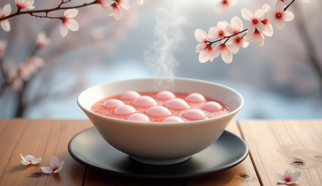  High Quality Photography . Minimalist Style Ultra Clear HD. Simple and cute and warm winter on wooden table，Corner .Large bowl :6. several simple and lovely round pink-white small maruko ， bubbling in smoky transparent sugary sweet soup .Creative Beautifu...