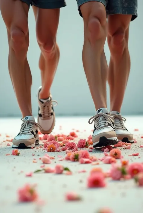 Deux jeunes hommes sportif, en Nike air 90 boueuses, Trampling crushed flowers on a white carpet. Feet on scattered flowers .