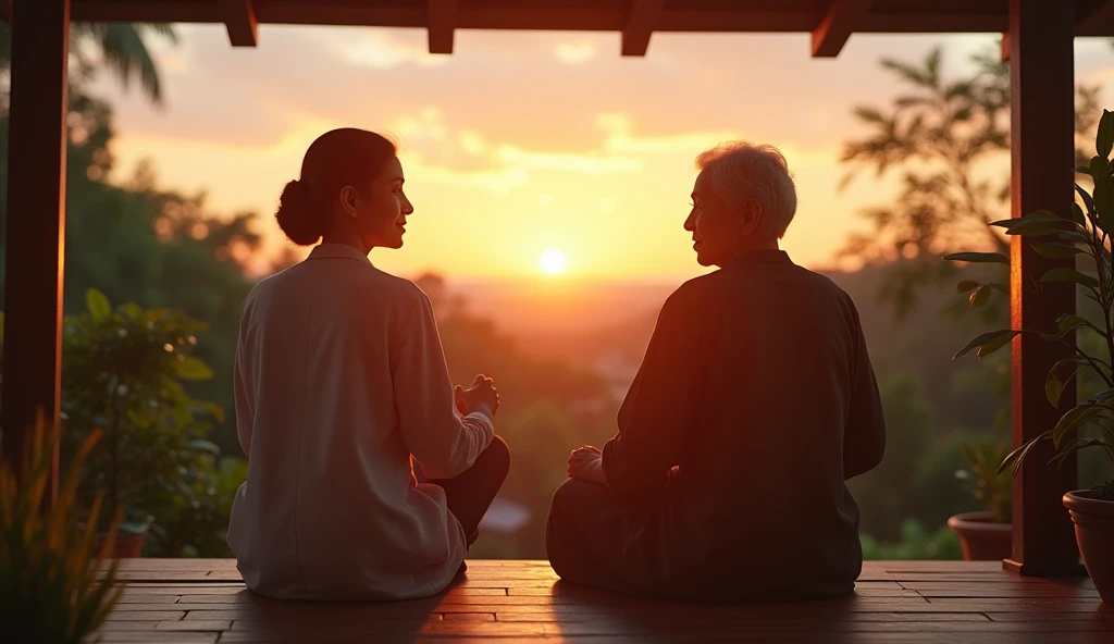 ( Arya doctor 22 years old and Imas old Grandma 75 years old sitting on the terrace of the house, enjoy the sunset with a warm and peaceful atmosphere ) 4K, 8k, HD, photographer Profesional, Realistic, (The real face of Indonesians)