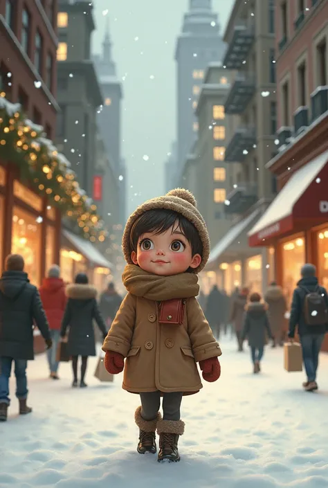 Un petit enfant mignon seul dans la ville en periode de Noël