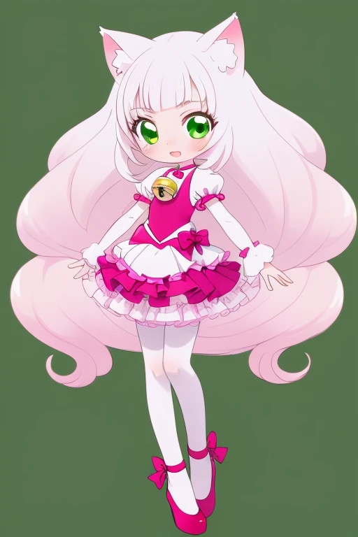 girl chibi Long white Hair Full Body Cat ears with a bell Precure style costume  green background