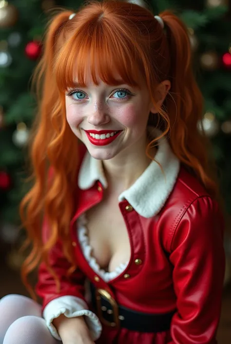 girl, long hair, ginger hair, bangs, ponytail, braided, pigtails, permed hair, pale skin, freckles, wide smile, thick lips, shiny red lipstick, bright makeup, big, huge elastic bust, ideal skin, gorgeous face, ultra high details, looking at the viewer, awa...