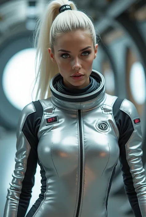 Live image, beautiful american 21 year old astronaut girl, white blonde hair in a pony tail, perfect face, skinny body, thick eyeliner, tanned skin, huge breasts, glossy pink lipstick, wearing a silver latex full body skintight zipped shiny spacesuit, blac...