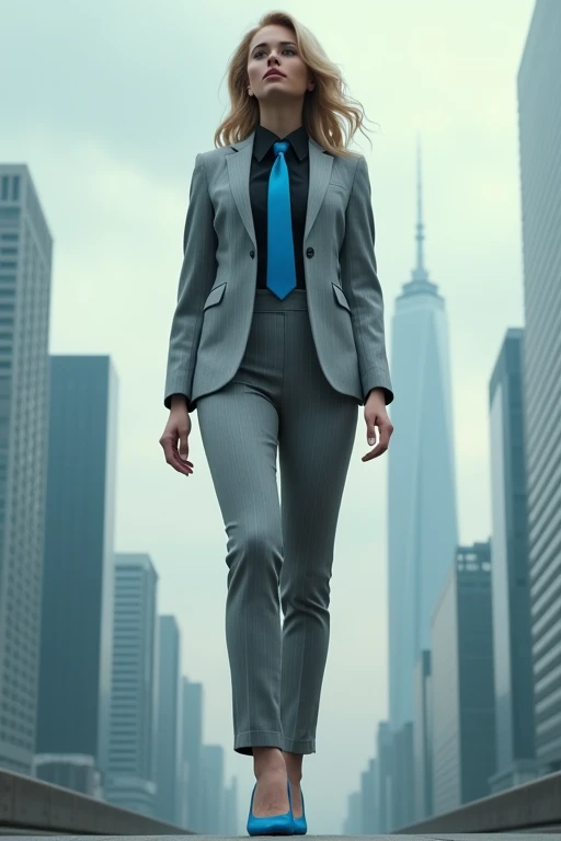 Looking up at the approaching young giantess, Giantess art, 500 miles tall giga giantess, young sophisticated and stylish woman in a light grey italian pinstriped trouser suit, form fitting crisp black office shirt, and a large wide blue necktie in a winds...