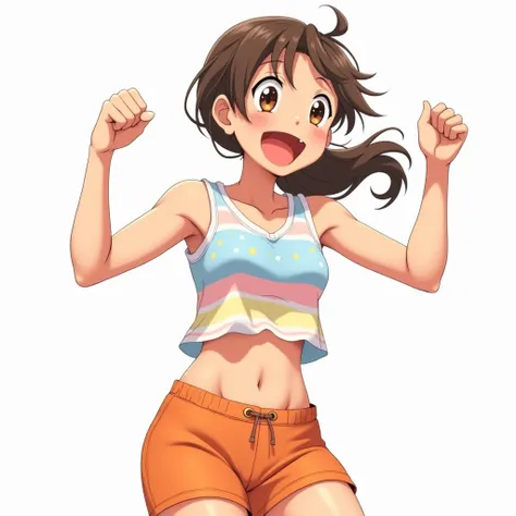 anime girl, brown eyes, brown hair, horizontal blue-pink-yellow pattern striped tank top, tiny stripey patterns, pastel colors, orange shorts, low ponytail, athletic, excited expression, hemline at belly button