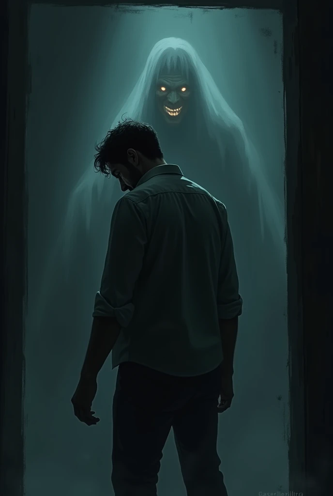 "A terrified man turning around in a dark room, sweat visible on his face. Behind him stands a shadowy, ghostly figure with a sinister, eerie smile, glowing slightly in the darkness."
