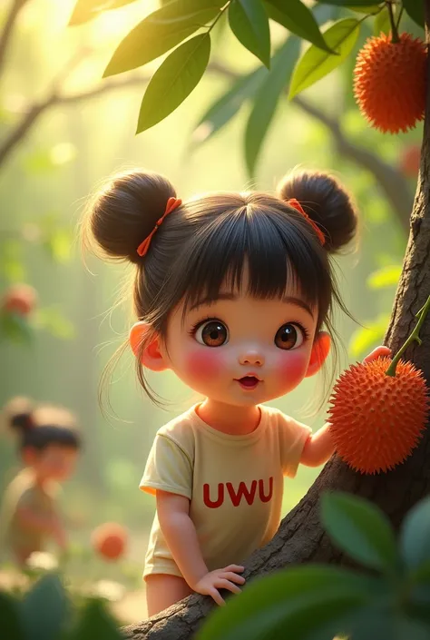 A cute and adorable  girl with her hair styled into two high buns and bangs, her shimmering hair strands glowing under the afternoon sunlight. She’s a beautiful  with rosy cheeks, wearing a pastel-colored shirt with the word “uwu” printed on the front. She...