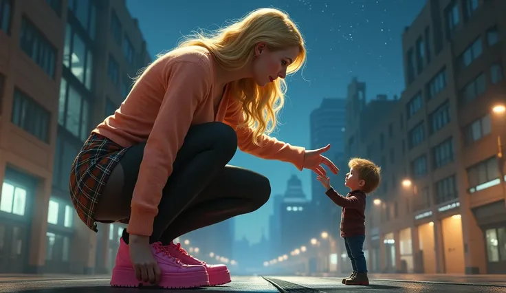 A low-angle perspective of a towering blonde giantess crouching down in the middle of a modern city street at night. The giantess has long, wavy blonde hair cascading over her shoulders, wearing a tight, peach-colored sweater with a deep neckline, a short ...