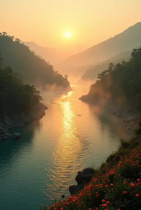 "An ultra-realistic and cinematic scene of the Ganges River flowing gracefully under the warm hues of sunrise. The wide river is depicted with clear, sparkling water, moving gently over its course, creating natural ripples and reflections of the golden and...