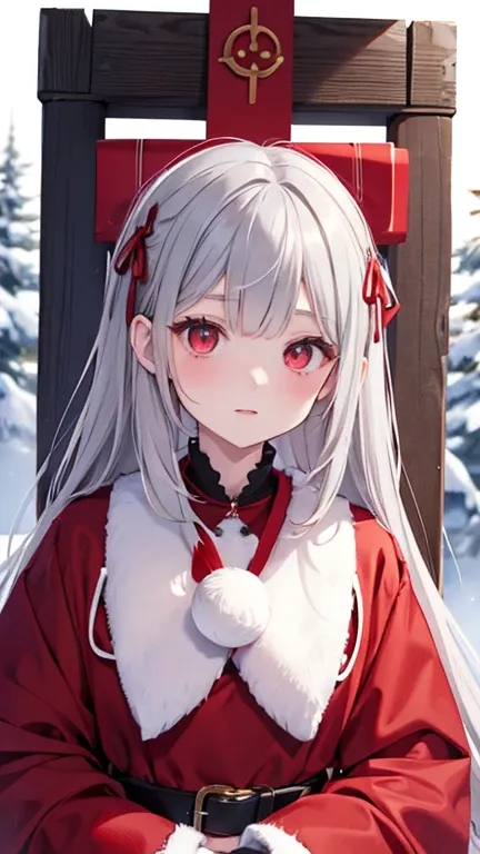 woman　 Santa Claus clothes 　shrine　Gray Hair　Red Eye　whole body　snow