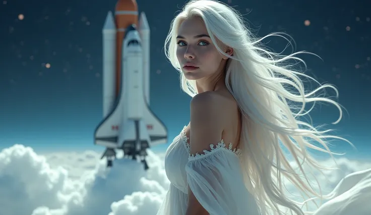 Sexy girl shoulder long white hair goes to space shuttle