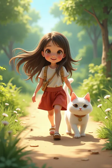 Make a picture of a  girl facing forward walking accompanied by a white cat