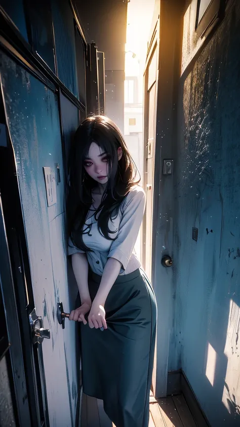 Alone,Sadako Yamamura((),long  black hair,Faceless,  pry hair into the face ,  inside a dirty white dress,front, Hair above the eyes,  black hair,  long hair,  blue-white skin, white dress,  wet close , Miniskirt ,cute, sexy),  horror (theme,feeling). brea...