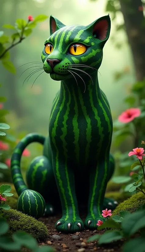 A unique and fantastical hybrid creature merging a watermelon and a black panther. The creature has the sleek, agile body of a panther, its fur patterned with the green and striped texture of a watermelon. Its eyes are a glowing yellow, radiating intensity...