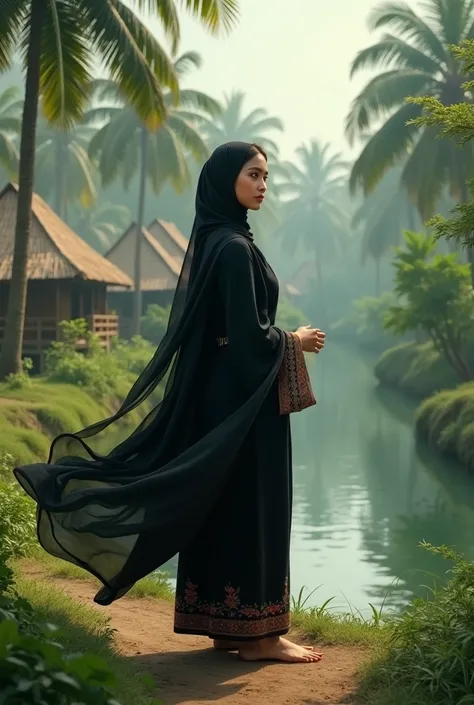 An bangladeshi girl wearing sharee, her color is black, village bacground