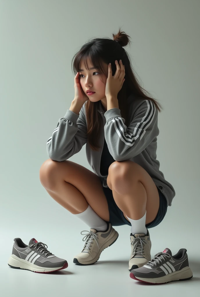  an 18-year-old girl who made a mistake， with her hands behind her head ，She squats ，Legs apart。Wear sportswear， with white socks ， shoes next to 。