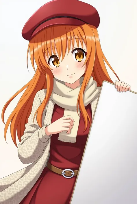 Anime Asuna Yuuki she has orange eyes and orange hair she is wearing a red Basque cap on her head she is wearing an elegant dress with belt and white knit jacket she is wearing a dune scarf she is holding a white art board 