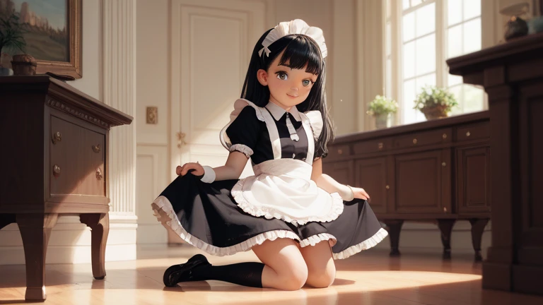 Black long-haired loli, wearing a maid outfit, kneeling, legs and five fingers, more flesh, cute two-dimensional, background backlit HD  