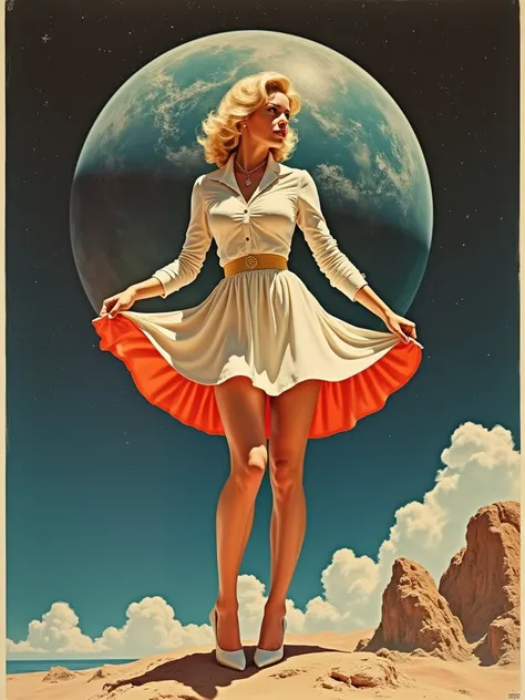 (Masterpiece, uhd), Highly detailed, poster, vintage science fiction, 1960s, sexy reveal  lift skirt astronaut outfit MARILYN MONROE .  Holding the earth in hand and standing, space thriller cinematic movie poster, Bauhaus, shape, line, abstract, Propagand...