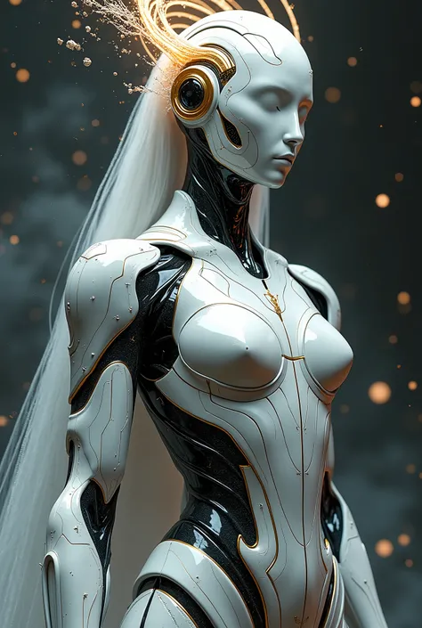 a close up of a deity with a white and black biomechanical body, black and white void space, exquisite mix of magic and science, white biomechanical details, gold tracing around some armor pieces, great character design, white biomechanical details, white ...