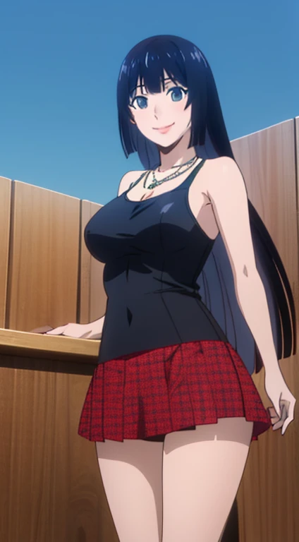 Super high quality CGI animation 8k, very detailed, Digital Art Painting, 1 girl, Happy, smile, looking at the viewer, blunt bangs blunt ends princess cut bangs, black hair, very long hair, big breasts,red Tank top,necklace,mini skirt,sexy pose,blue sky,