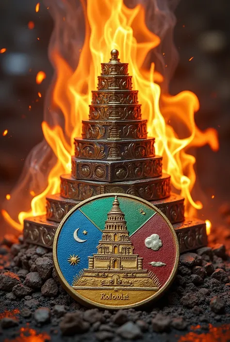  A coin with a tower of Babel, there is fire around .  Next to the second coin ,  on which Kolobok is painted,  around the coin is fire , water, earth and air .  At the top there is an inscription  " Guild Babylon " 