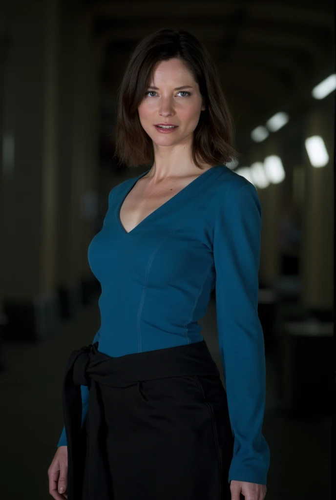 Sienna Guillory as Jill Vlentine from movie Resident Evil Apocalypse, "view portrait", blue top, black hair, skirt, black hair