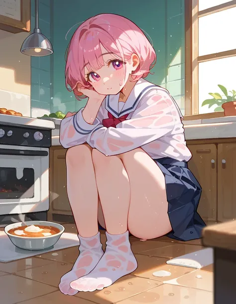 Transparent pink short hair，Im wearing a milky, ultra-light pink school uniform，Pale pink eyes，very cute sweet girl ，Bare legs,  wet,  mature body, Cooking,,I didn&#39;t wear socks， toes