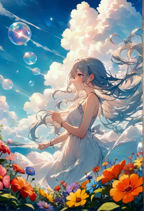 ＪＫ,  flowing hair,Beautiful sky,  Beautiful Clouds , summer， colorful flowers, (Transparent bubbles sparkle in the sky), masterpiece, High Definition ,広角レンズ