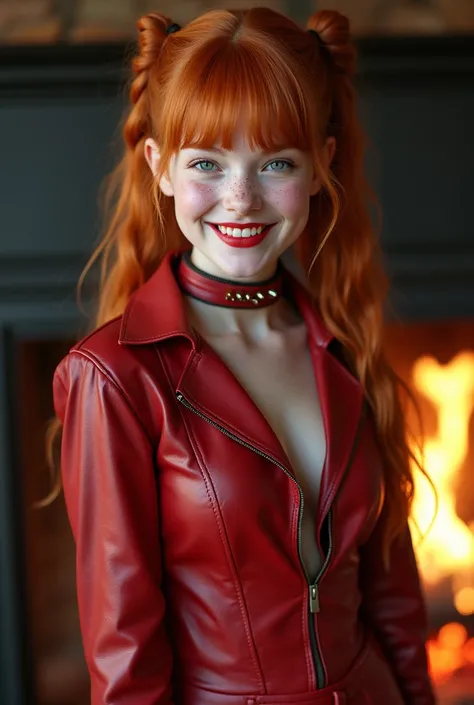 girl, long hair, ginger hair, bangs, ponytail, braided, pigtails, permed hair, pale skin, freckles, wide smile, thick lips, shiny red lipstick, bright makeup, big, huge elastic bust, ideal skin, gorgeous face, ultra high details, looking at the viewer, awa...