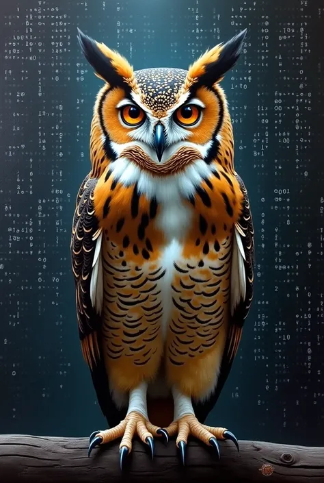  An owl in the technique of oil painting on canvas on a background with a matrix of 0 and 1 