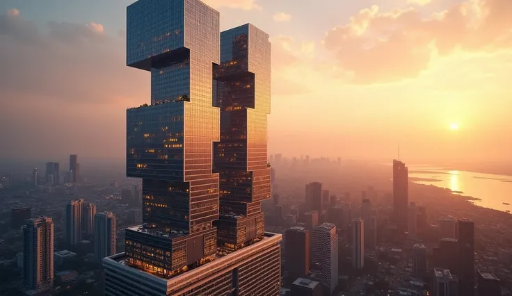 "An urban landscape at sunset, featuring an innovative and futuristic skyscraper. The building is divided into six distinct segments that appear disconnected, showcasing a bold and modern design. Its façades are clad in glass and steel, reflecting the gold...