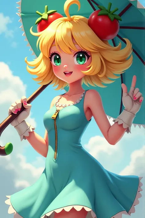 A lively blonde girl  ,  with a light blue dress with a zipper in the front and some gloves that reveal the pink defos with blonde hair and a tomato hairstyle also has an umbrella as a weapon she exudes a beautiful smile with green eyes 