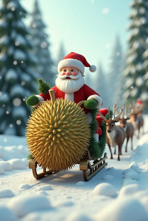 a durian in Christmas clothes on a sleigh with Santa Claus in the snow pulled by reindeer 