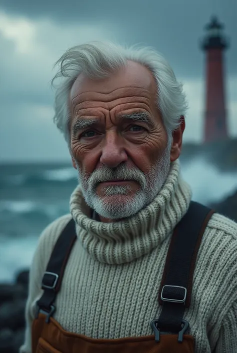 Face portrait of a sturdy  (old fisherman:1.3), ( focus on the face:1.5), (storm:1.2), (waves:1.3),  ocean, (lighthouse background:1.3), (cowboy shot:1.4), ( white turtleneck knitted sweater:1.3),  looking at the viewer , realistic,  masterpiece ,  highest...