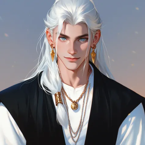 20-year-old male teenager , handsome and cute, with a slender figure, wearing Prince long sleeve white shirt,Black cloth, long hair with bangs, white hair, sea eyes, wearing gold ring earrings,Targaryen,gently, Dragon Prince