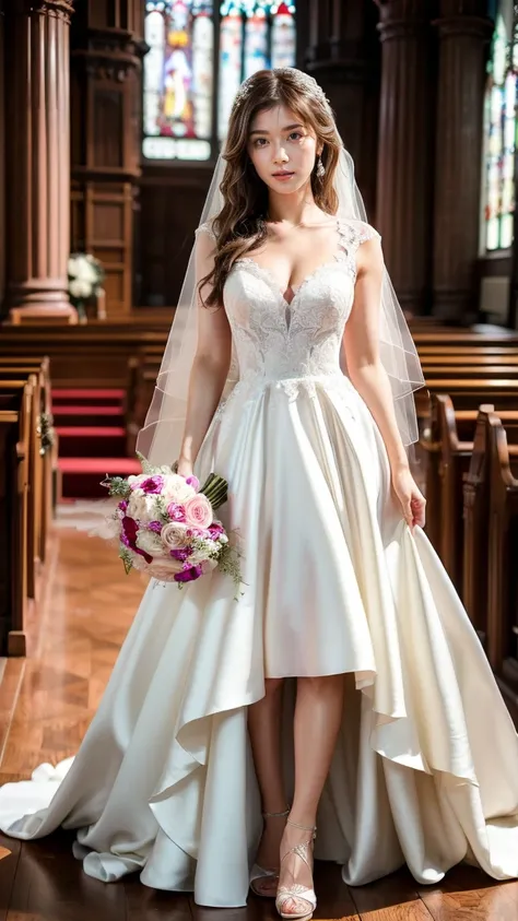 A beautiful young Japanese woman, 26 years old, with healthy thighs, beautiful legs, flawless skin, random hair color and style, large breasts, wearing a (wedding dress:1.3), (she is standing:1.2), full body shot, high heels, holding a bouquet in her hands...