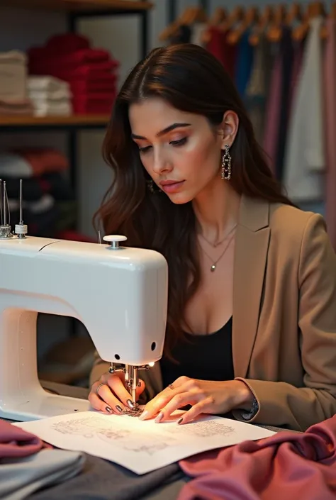 Attractive female fashion designer hand working in workshop with sewing machine. Stylish fashionista woman creating new cloth design collection. Tailoring and sewing Lifestyle and business occupation