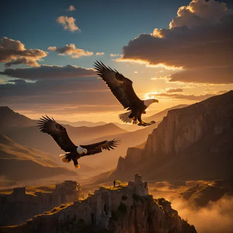 A noble eagle in the style of The Lord of the Rings, soaring through a dramatic sunset sky above a vast, mystical valley. Its feathers shimmer with golden and bronze hues, and its eyes glow with wisdom and intensity. The bald eagle is accompanied by ancien...