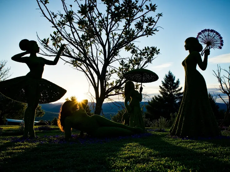 ((masterpiece)) ((photography)) ((Highest quality))  a realistic  cinematic elegant illustration of a garden featuring topiaries shaped like the silhouettes of women in various graceful poses. One topiary depicts a ballerina mid-pirouette, her leafy skirt ...