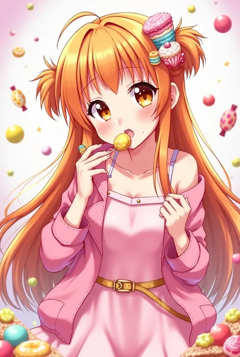 Anime Asuna Yuuki with orange hair and orange eyes she is wearing a pink dress with belt she is wearing a pink jacket she has candy jewelry on she is wearing a cake hair strip she eats candy 