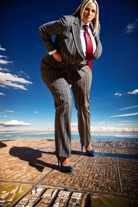 Looking up at the approaching young giantess, Giantess art, 500 miles tall giga giantess, young sophisticated and stylish woman in a light grey italian pinstriped trouser suit, form fitting crisp office shirt, and a large wide blue necktie in a windsor kno...