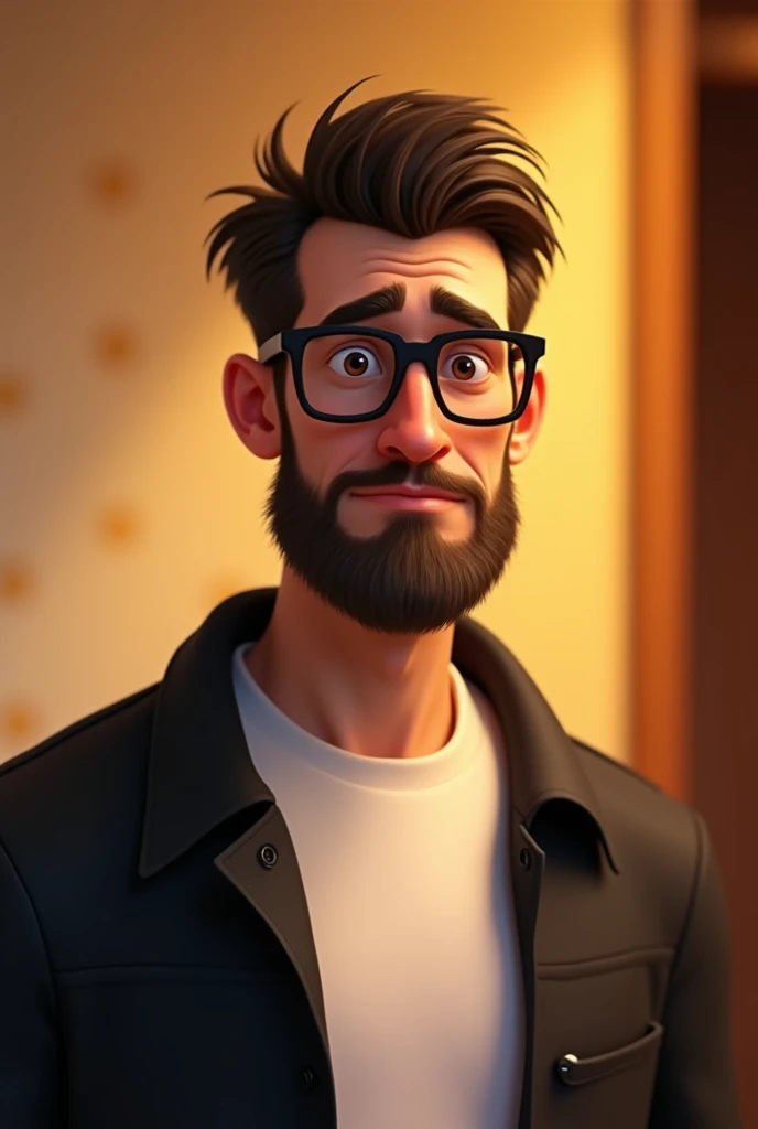 Pixar style, 43 year old man with very short hair , slightly long beard , Of black square glasses and white t-shirt and black jacket wearing
