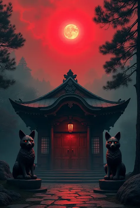  Japanese Shrine , Two fox statues ,  scary atmosphere, Frontal view,  1 pine tree on the right, Dark red sky 